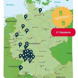 Karte mit 31 optimierten und repowerten Ladestandorten der Pfalzwerke in Deutschland